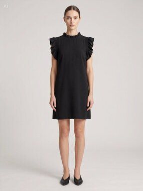 Classic Black Ruffle Neck Flutter Sleeve Shift Dress LBD